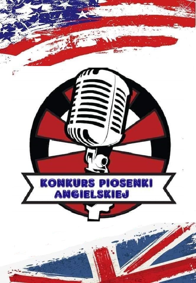 Grafika z retro mikrofonem i flagami USA oraz Wielkiej Brytanii, promująca szkolny Konkurs Piosenki Angielskiej.